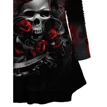 Plus Size Skull Rose Flame Print T Shirt V Neck Long Sleeve Casual Tee