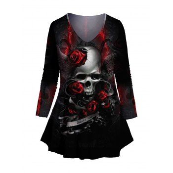 

Plus Size Skull Rose Flame Print T Shirt V Neck Long Sleeve Casual Tee, Black