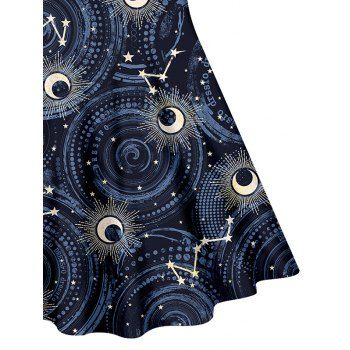 Plus Size Celestial Moon Galaxy Star Print Dress V Neck O-Ring A Line Mini Dress