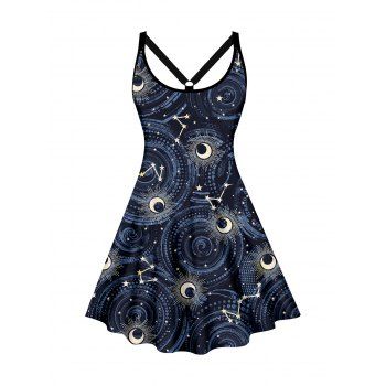 

Plus Size Celestial Moon Galaxy Star Print Dress V Neck O-Ring A Line Mini Dress, Midnight blue