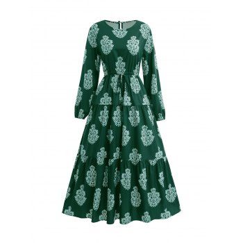 

Tribal Flower Allover Print Crew Neck Long Sleeve Dress, Deep green
