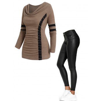 

Cowl Neck Colorblock Panel Knit Top And Pockets Solid Color PU Pants Outfit, Light coffee