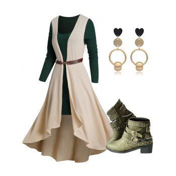 

Ribbed Knit Dress And Sleeveless Top Waist Belt Outfit And Zip Up Boots Heart Geometric Earrings Outfit, Green