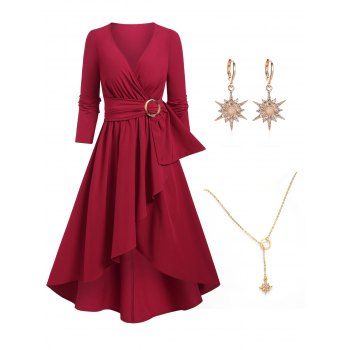 

O Ring High Low Overlap Dress And Star Pendant Lariat Necklace Rhinestone Sun Drop Earrings Outfit, Red