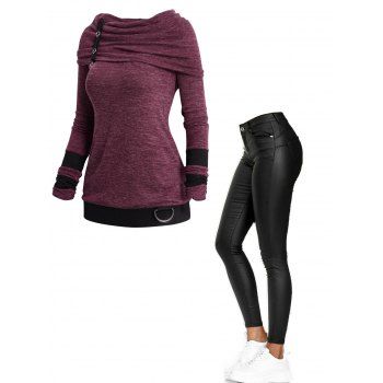 

Ruched Knit Sweater Heathered Grommet Knitted Sweater And Solid Color Zipper Fly Pockets Pants Outfit, Deep red
