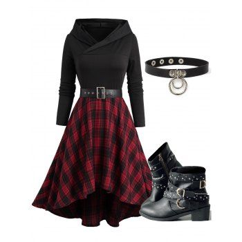 

Plaid High Low Hooded Belted Dress And Rivet Buckle Strap Heel Punk Boots Round Shape Necklace Outfit, Red