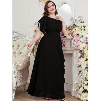 

Plus Size Butterfly Sleeve Round Neck Ruffle Trim Layered Plain Color Dress, Black