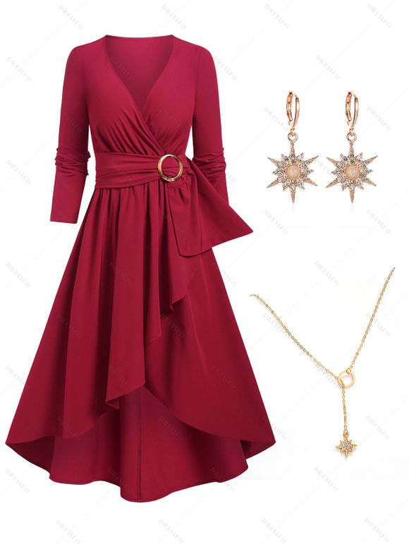 Robe à Capuche Haute Basse Anneau en O Pendant avec Strass - Rouge S | US 4
