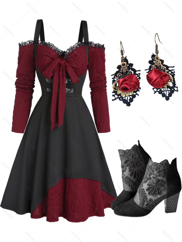 Colorblock Cold Shoulder Knit Dress And Chunky Heels Zip Fly Sandals Rose Hollow Out Earrings Outfit - DEEP RED S | US 4
