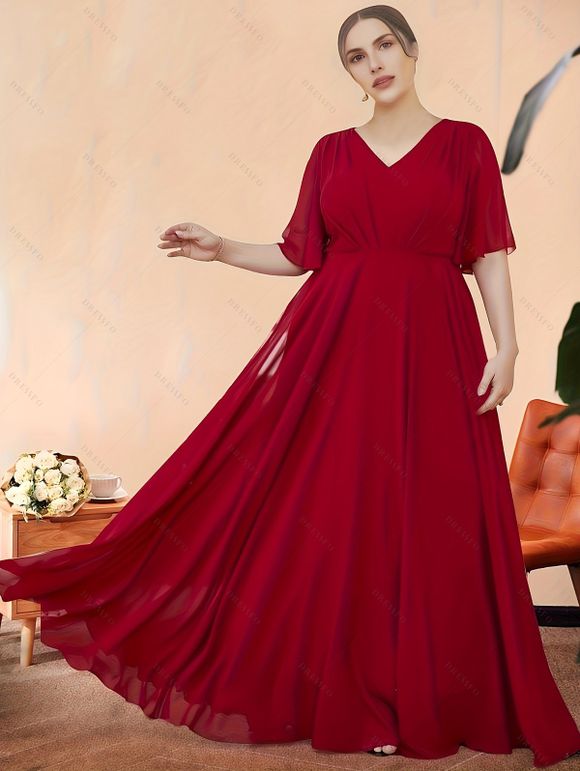 Plus Size Elegant Bridesmaid Dress Solid Ruffle Sleeve V Neck Maxi Formal Party Dress - RED 4XL | US 18