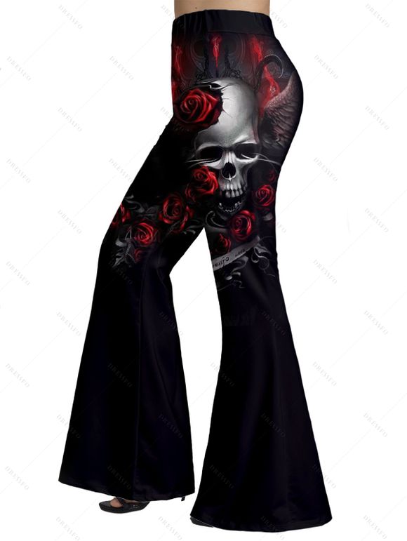 Pantalon Évasé Imprimé Crâne et Rose à Taille Haute Grande Taille - Noir 3XL | US 18