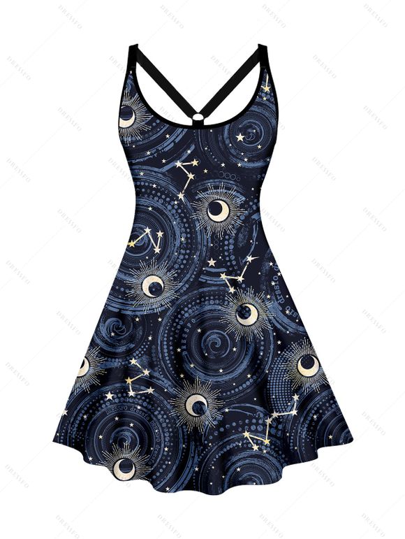 Mini Robe Ligne A Etoile Lune Galaxie Imprimés de Grande Taille à Col V - Bleu de Minuit 5X | US 24