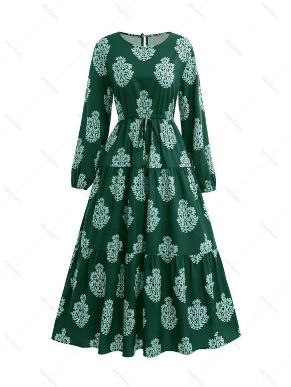 Robe Tribale Fleur Imprimée Partout à Manches Longues à Col Rond - Vert profond XL | US 12