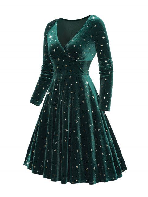 Robe Etoile Imprimée Enveloppée Elastique à Epaule Dénudée à Manches Longues en Velours
