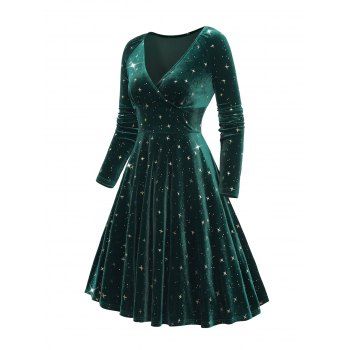 

Embellished Star Print Wrap Front Elastic Shoulder Velvet Long Sleeve Dress, Deep green