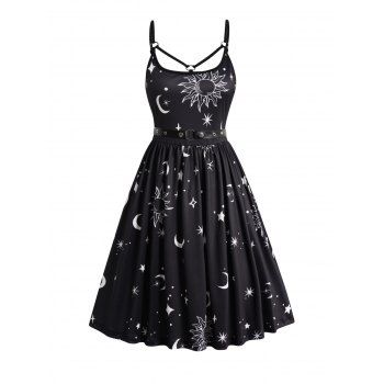 

Sun Moon Star Print Mini Dress Self-belt O Ring Adjustable Spaghetti Strap Dress, Black