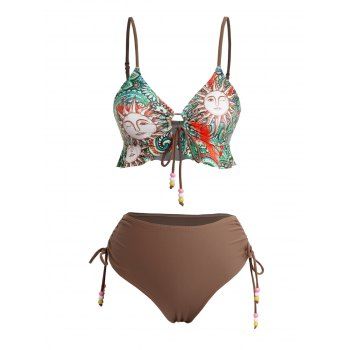 

Sun Floral Print Cinched Bathing Suit Flounce Padded Swimwear Set, Coffee