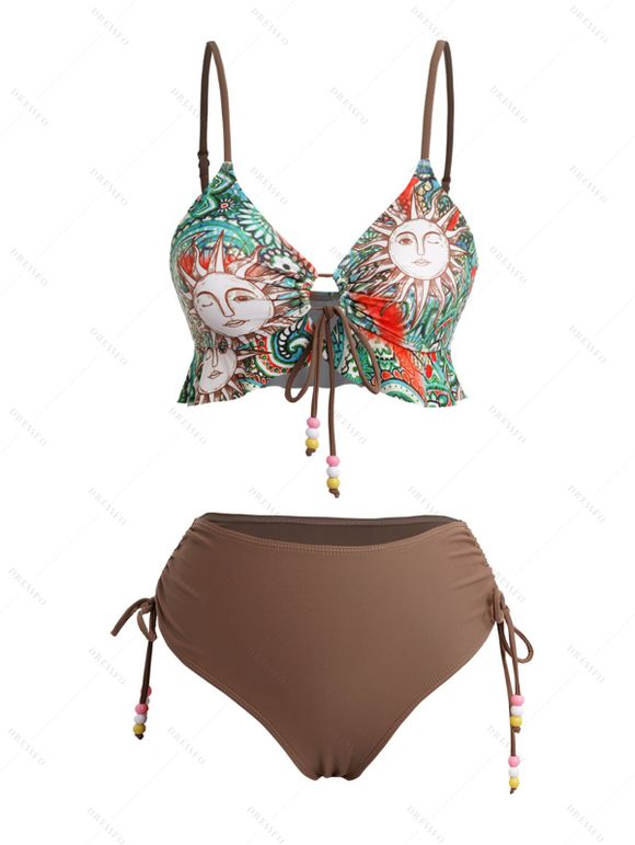 Maillot de Bain Rembourré Sanglée Fleurie Imprimée à Volants - café S | US 4