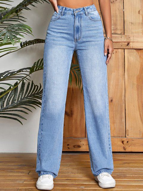 Light Wash Jeans Zip Fly Pockets Straight High Waist Casual Denim Jeans