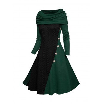 

Cable Knit Panel Long Sleeve Knit Dress Mock Button Cowl Neck A Line Knitted Dress, Deep green