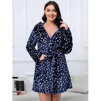 

Plus Size Christmas Snowflake Elk Print Fluffy Rope Belted Front Pockets Sleepwear, Deep blue