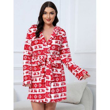 

Plus Size Christmas Snowflake Elk Print Fluffy Rope Belted Front Pockets Sleepwear, Red