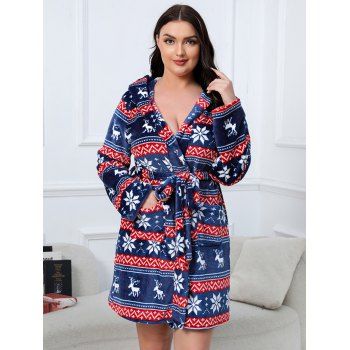 

Plus Size Christmas Snowflake Elk Print Fluffy Rope Belted Front Pockets Sleepwear, Multicolor a