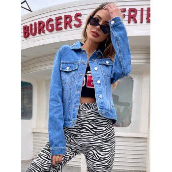 

Full Button Casual Front Pocket Jean Jacket, Blue