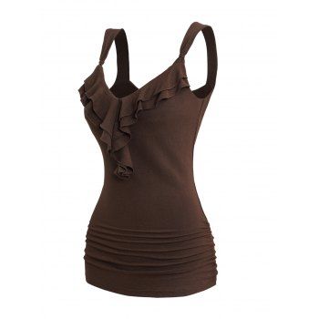 

Ruffles Trim Ruched Tank Top Solid Color V Neck Casual Tank Top, Deep coffee