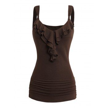 Ruffles Trim Ruched Tank Top Solid Color V Neck Casual Tank Top 