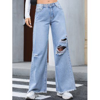 

Light Wash Ripped Casual Jeans Middle Waist Pockets Denim Pants, Light blue