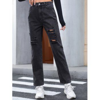 

Distressed Ripped Jeans Dark Wash Zip Fly Pockets Denim Pants, Black