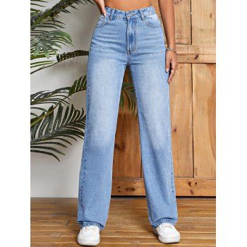 

Light Wash Jeans Zip Fly Pockets Straight High Waist Casual Denim Jeans, Light blue