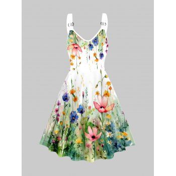 

Vacation Dress Flower Print Adjustable Strap High Waisted A Line Dress, Light green