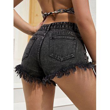 Women's Casual Fashion Denim Shorts Mid Waist Ripped Raw Hem Jeans Shorts For Summer