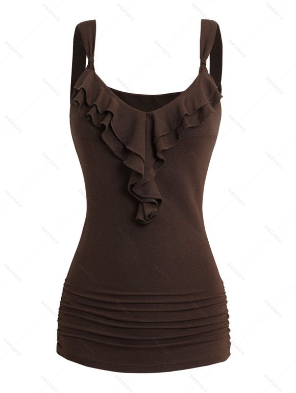 Débardeur Décontracté en Couleur Unie Ourlet à Volants à Col V - Café profond XXL | US 14