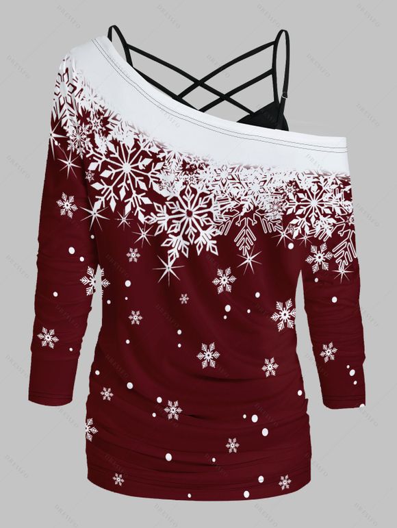 Ensemble de Haut de Noël Croisé à Imprimé Flocon de Neige à Manches Longues avec Camisole Deux Pièces - Rouge foncé S