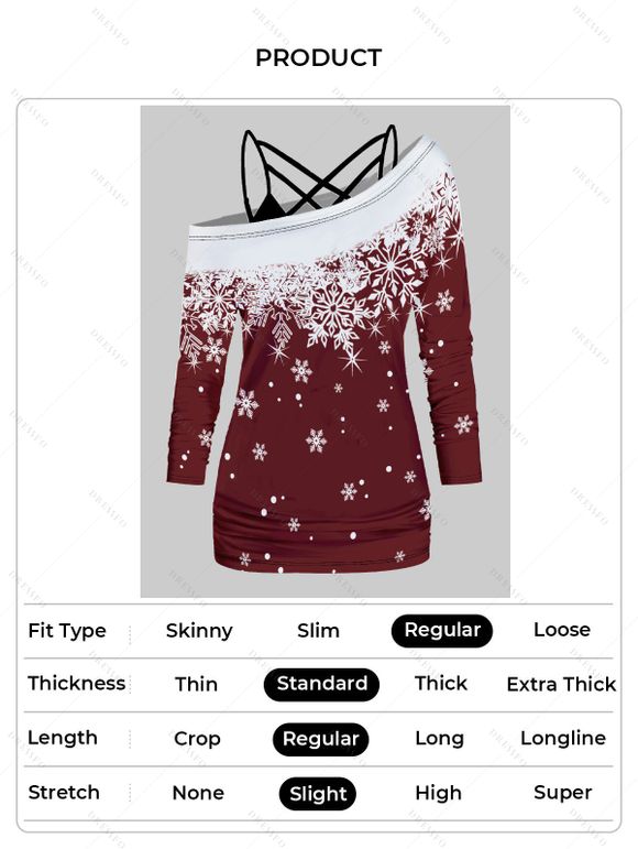 Ensemble de Haut de Noël Croisé à Imprimé Flocon de Neige à Manches Longues avec Camisole Deux Pièces - Rouge foncé S