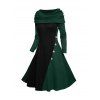 Cable Knit Panel Long Sleeve Knit Dress Mock Button Cowl Neck A Line Knitted Dress - DEEP GREEN S