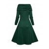 Cable Knit Panel Long Sleeve Knit Dress Mock Button Cowl Neck A Line Knitted Dress - DEEP GREEN S