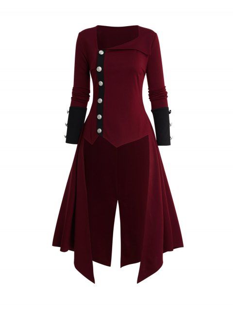 Asymmetric Turn-down Collar Full Buttons Two Tone High Low Coat