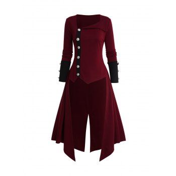 

Asymmetric Turn-down Collar Full Buttons Two Tone High Low Coat, Deep red