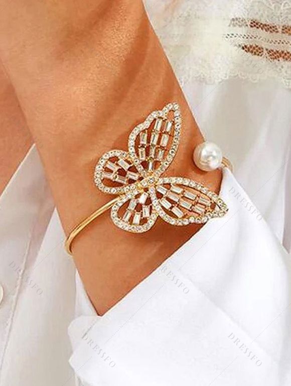 Bracelet Manchette Motif Papillon en Strass et Perle Fantaisie à Sculpture Creuse - d'or 