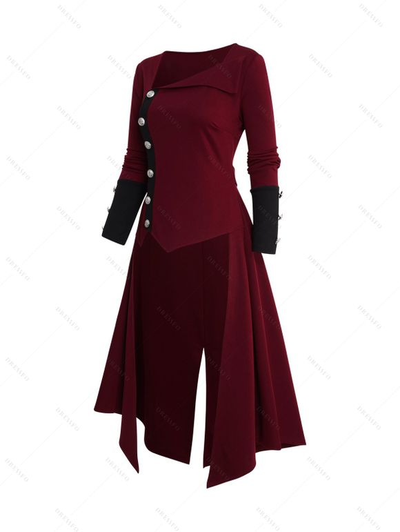 Manteau Asymétrique Haut Bas Bicolore à Col Relevé avec Boutons - Rouge foncé L | US 8-10