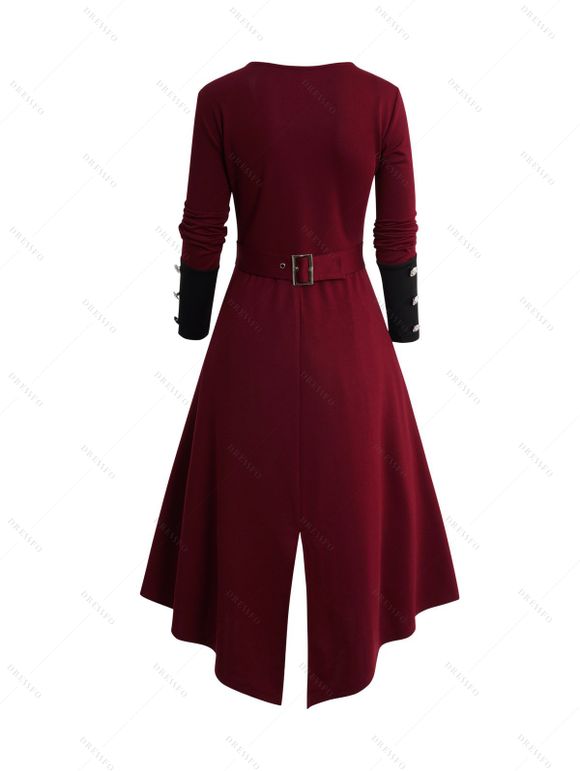Manteau Asymétrique Haut Bas Bicolore à Col Relevé avec Boutons - Rouge foncé L | US 8-10