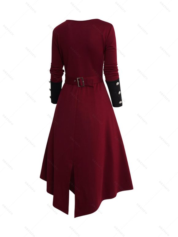 Manteau Asymétrique Haut Bas Bicolore à Col Relevé avec Boutons - Rouge foncé L | US 8-10
