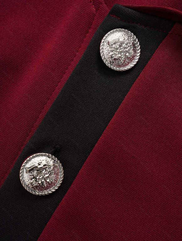 Manteau Asymétrique Haut Bas Bicolore à Col Relevé avec Boutons - Rouge foncé L | US 8-10