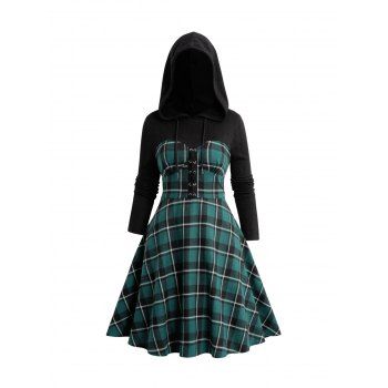 

Plaid Print Drawstring Grommet Buckle Textured Colorblock Hooded Long Sleeve Dress, Deep green