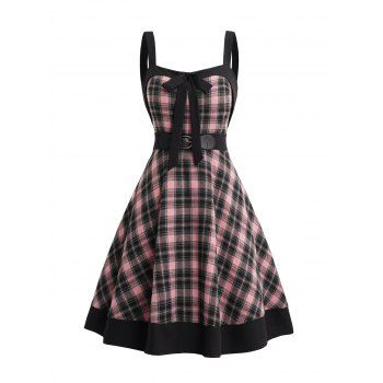 

Bowknot Contrast Piping Plaid Print Elastic Belted Tank Dress, Light pink