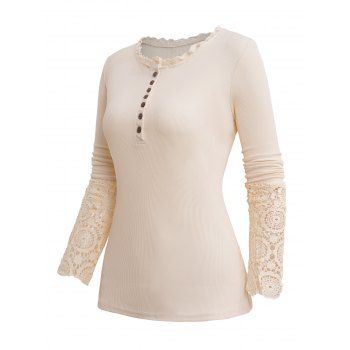 

Lady T-Shirt Women's Hollow Lace Splice Spring And Fall Top Lightweight Super Soft Comfortable Long Sleeve Casual Top, Light coffee